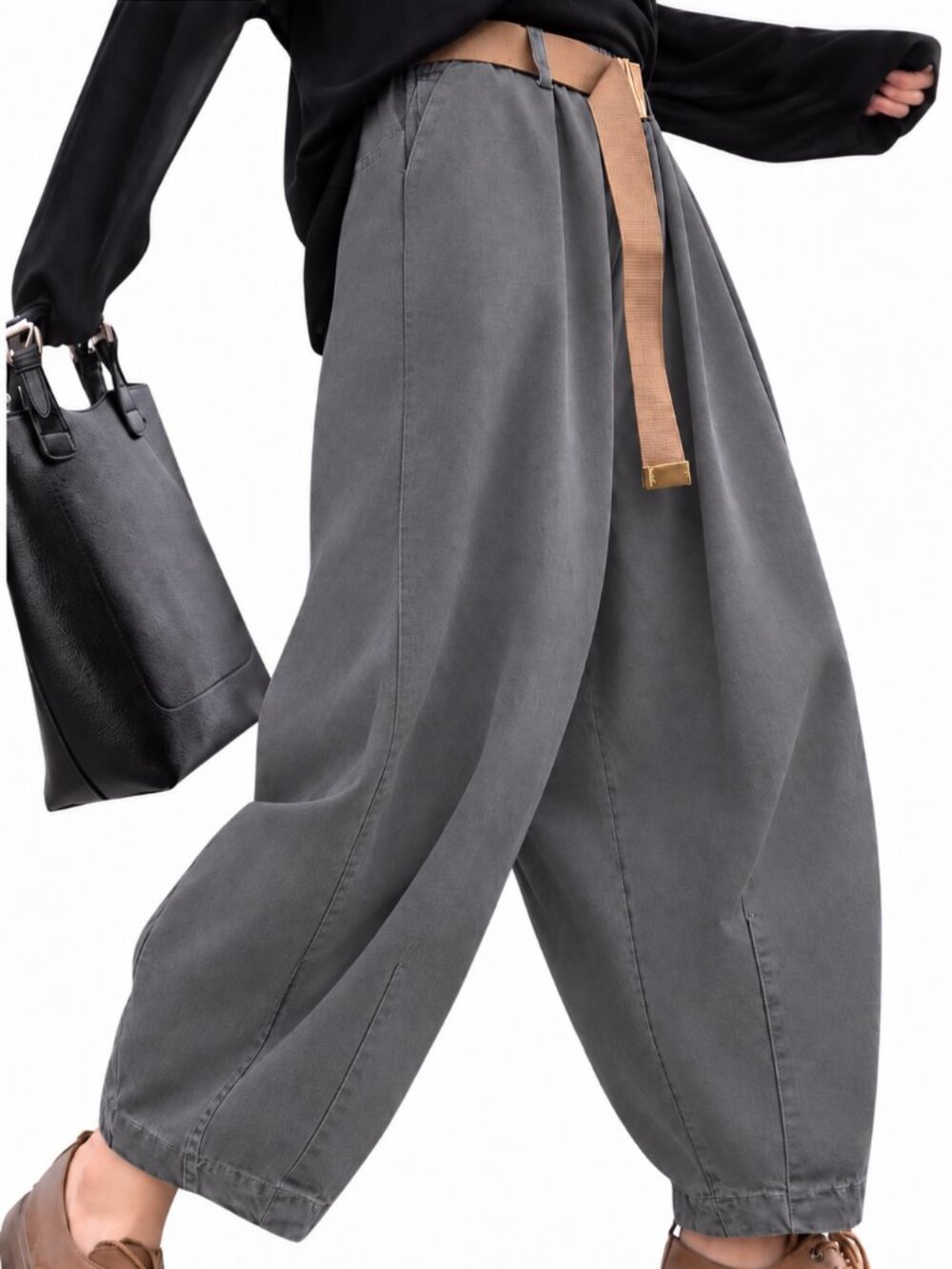 NWT YESNO Women XL Barrel Leg Pants Gray Loose High Rise Elastic Waist